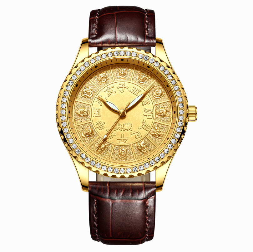 ceinture en cuir marron-montre dorée