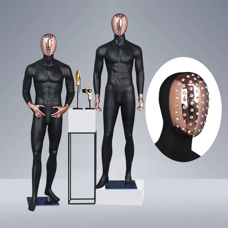 Maniquí de cuerpo completo para hombre, expositor de cara de diamante abstracto a la moda, color champán negro, maniquí usado para hombre