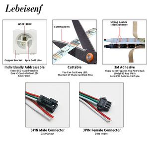 1M 144 LED WS2812B striscia LED barra luminosa con Chip RGB di classe indirizzabile digitale ad alta luminosità, FPCB nero o bianco, DC 5V, 0.3W/LED - Product Image 2