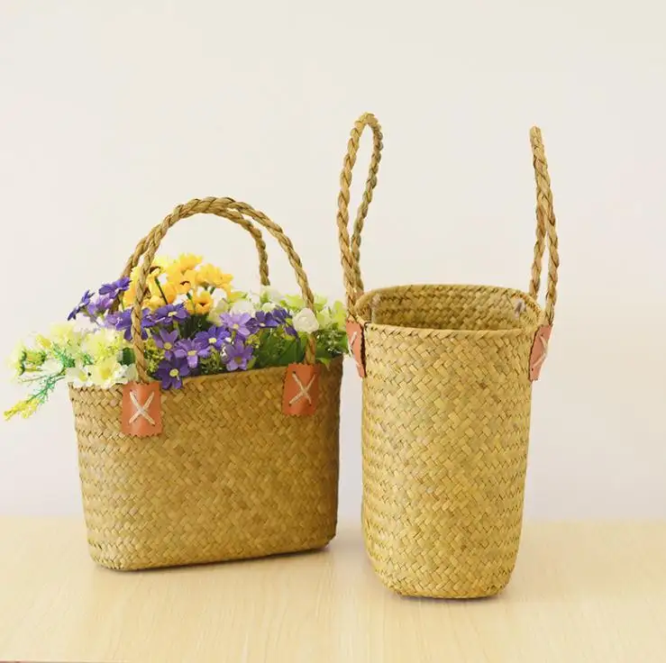 Contenedor de flores de algas marinas de Color Natural, hecho a mano macetero, bolsas, cesta con asas