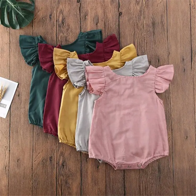 Bodysuit Bayi Lengan Flutter Katun dan Linen Baju Monyet Bayi Perempuan Polos Polos Pakaian Bayi Cina