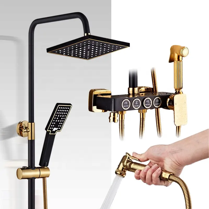 Square Bathroom Shower System Black Gold Bathtub Mixer Faucet Hot Cold Bathroom Tap Thermostatic Shower Set