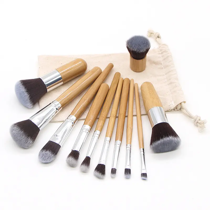 Set di pennelli per trucco professionale 11 pz/set all'ingrosso set di pennelli per trucco in bambù di lusso con Logo personalizzato di alta qualità