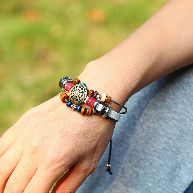Modyle-bracelet en cuir avec perles réglables pour homme, bijou classique, Vintage, à la mode, punk rock, boho, breloque en bois