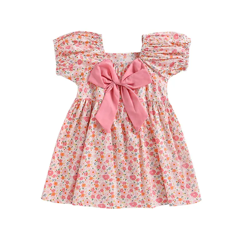 Nuevo estilo Venta caliente de moda 100% algodón niñas Vestido de manga corta rosa floral princesa vestido para bebé