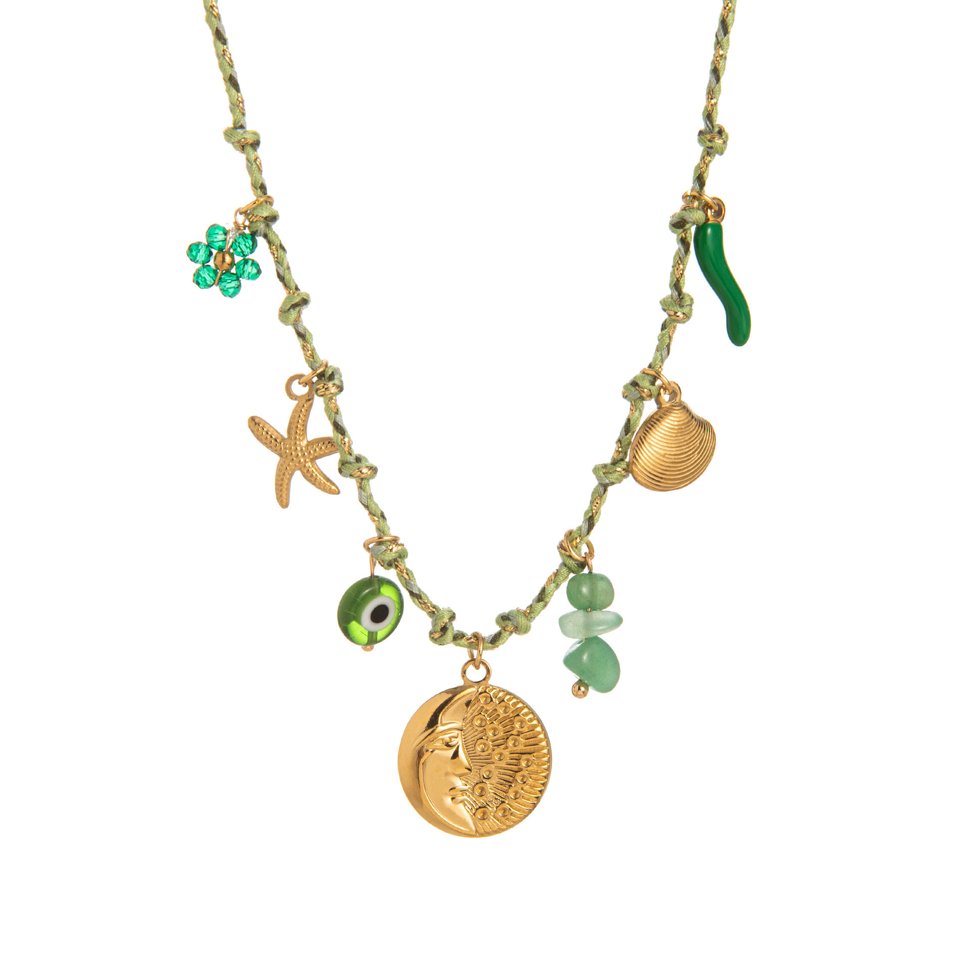 Collar de cuerda verde claro con diseño de sol.