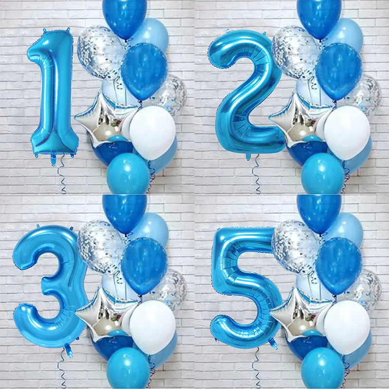 Balon Lateks Foil Nomor Biru untuk Anak, Dekorasi Pesta Ulang Tahun Anak, Balon Baby Shower Dekorasi Anak Laki-laki 1 Tahun