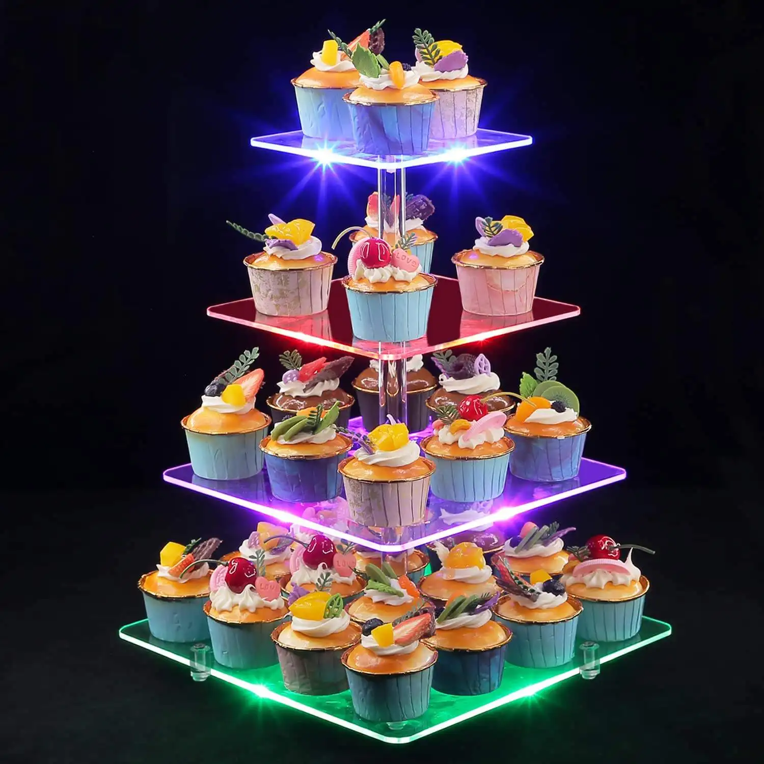クリアアクリルカップケーキディスプレイスタンド4段トレイお祝いとパーティー用品LED照明装飾デザートディスプレイケーキツール