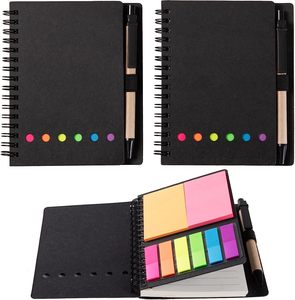 Cuaderno de bolsillo en espiral forrado con bolígrafo en soporte Cubierta de papel Kraft duro Bloc de notas Steno Pads con notas adhesivas e índice de color