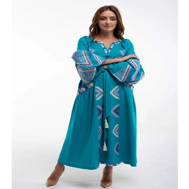 Robe africaine de couleur Turquoise de haute qualité pour femmes, longue tenue brodée en ukraine avec gants à poches, sur le bandeau élastique et une ceinture pour la fixation