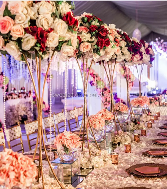 Suporte de mesa de decoração de casamento, trabalho de metal, dourado, suporte para vaso de flores