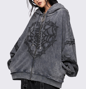 Y2k của phụ nữ rửa sạch dây kéo màu xám hoodie dây lưới trái tim Spider <span class=keywords><strong>Web</strong></span> in cá nhân phong cách đường phố áo - Product Image 1