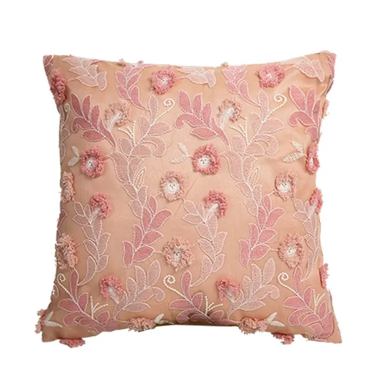 Patrón floral decorativo 3d Fundas de cojín rosa con pelo insertado funda de cojín bordado Diseño