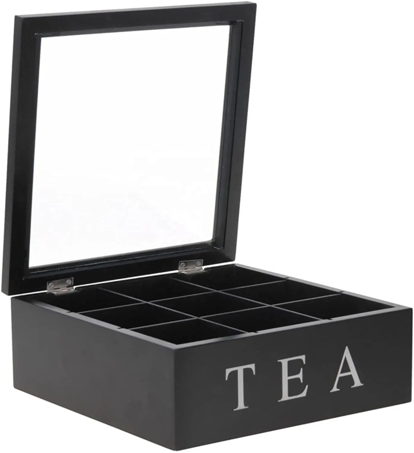 Caja de almacenamiento de té de madera con 9 compartimentos y ventana de vidrio