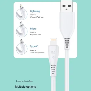 สายดาต้าชาร์จ6A เร็วมากพร้อมแจ็กเก็ต TPE USB Type-C สำหรับโทรศัพท์แอปเปิ้ลและแอนดรอยด์3A ฟังก์ชั่นชาร์จเร็ว - Product Image 1