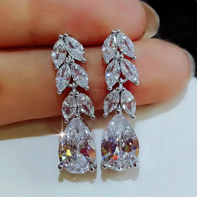 Luxury Leaf Zircon Bridal Earrings For Women Trendy Crystal Bling Drop Earrings Wedding Jewelry Party 2021 New