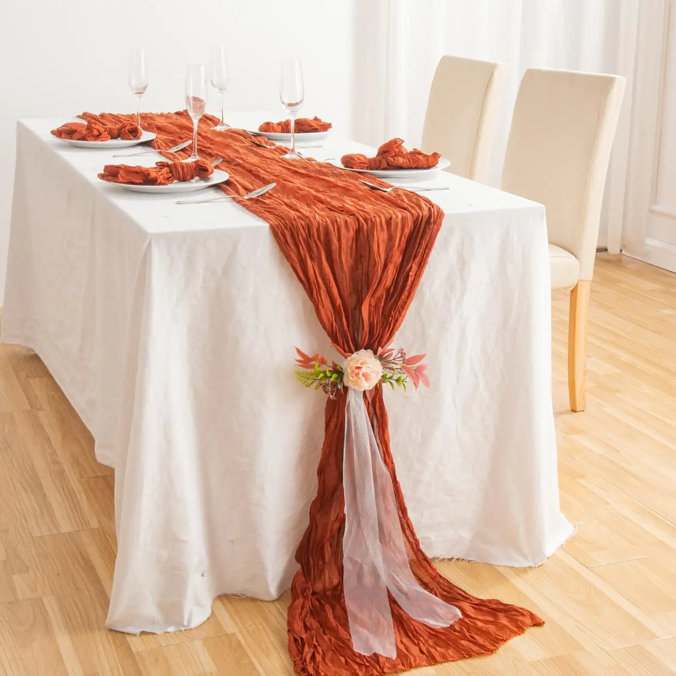 Moderno bohemio rústico arrugado mantel fiesta Mesa decoración poliéster fibra queso tela camino de mesa para boda