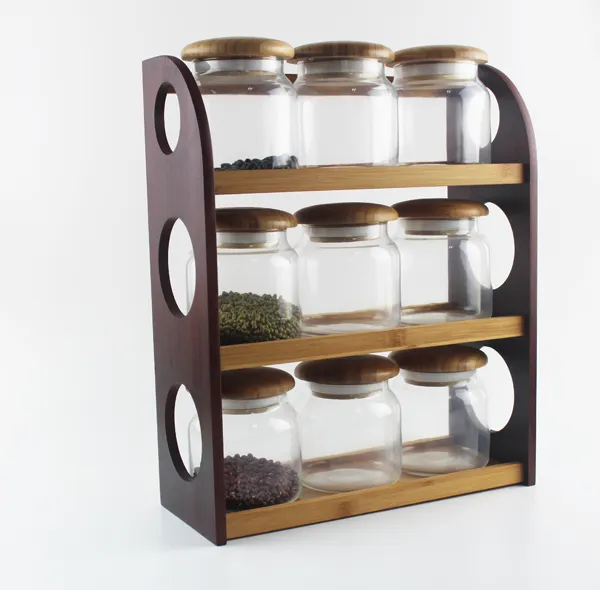 Potes de cozinha empilháveis airtight, conjunto de potes de vidro ecológico com rack de bambu