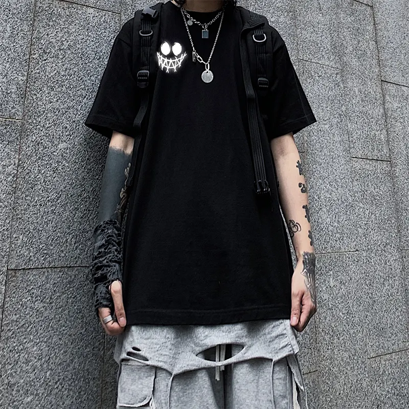 Camiseta de manga corta negra reflectante para hombre, ropa masculina de tendencia holgada, funcional de calle