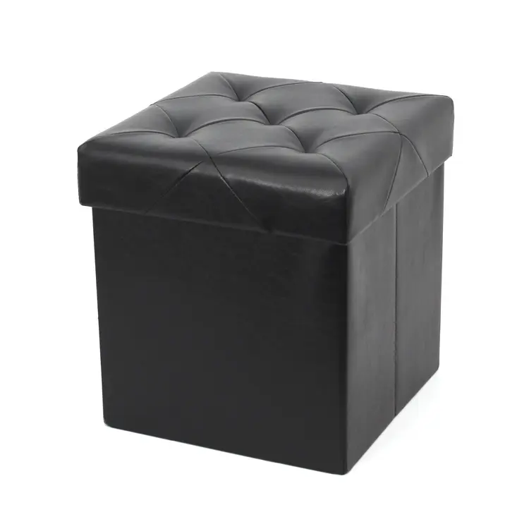 Customized PU Faux Leather Folding Storage Ottoman with air hole cube Foot Rest Stool Seat Black Living room furniture