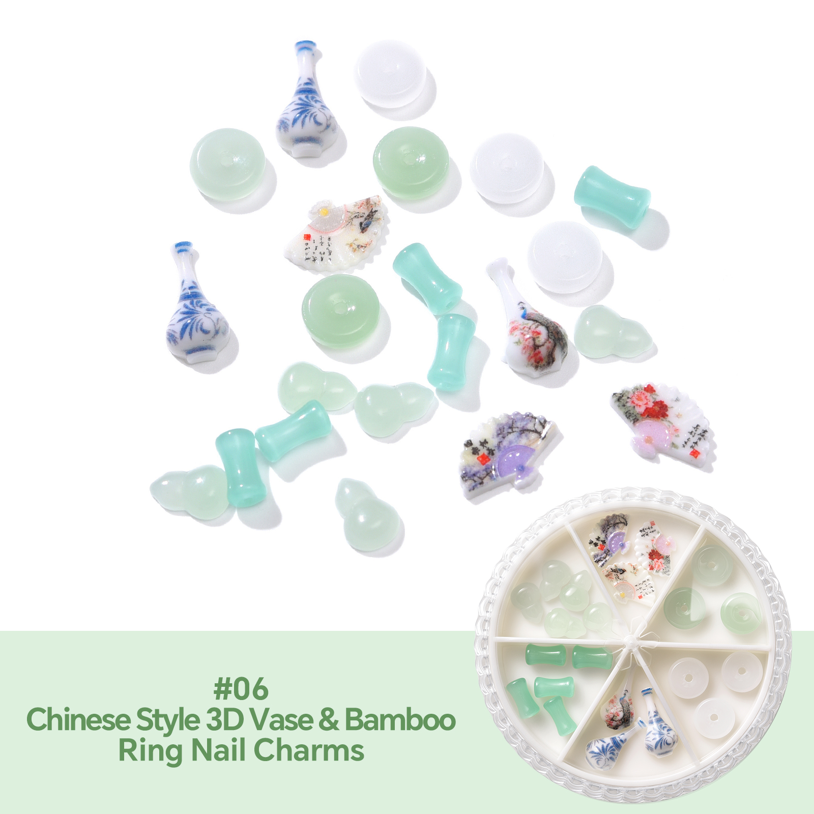#06 Vase 3D de style chinois et breloques pour ongles en bambou et anneaux