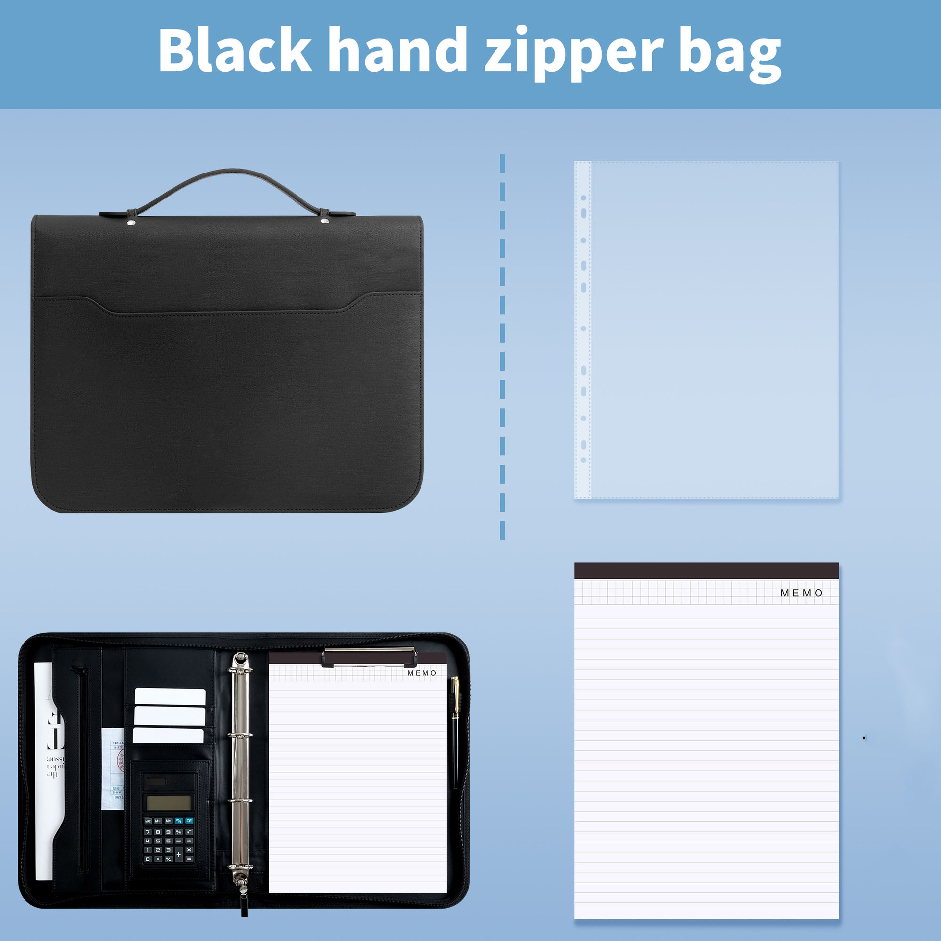 Black calculator + 40 clear sheets + 25 note paper
