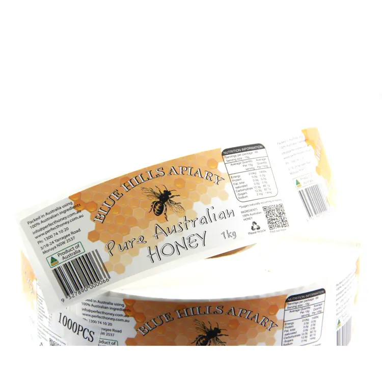 Rollo de pegatinas de vinilo con impresión personalizada, rollo de botellas de miel adhesivas impermeables, venta al por mayor