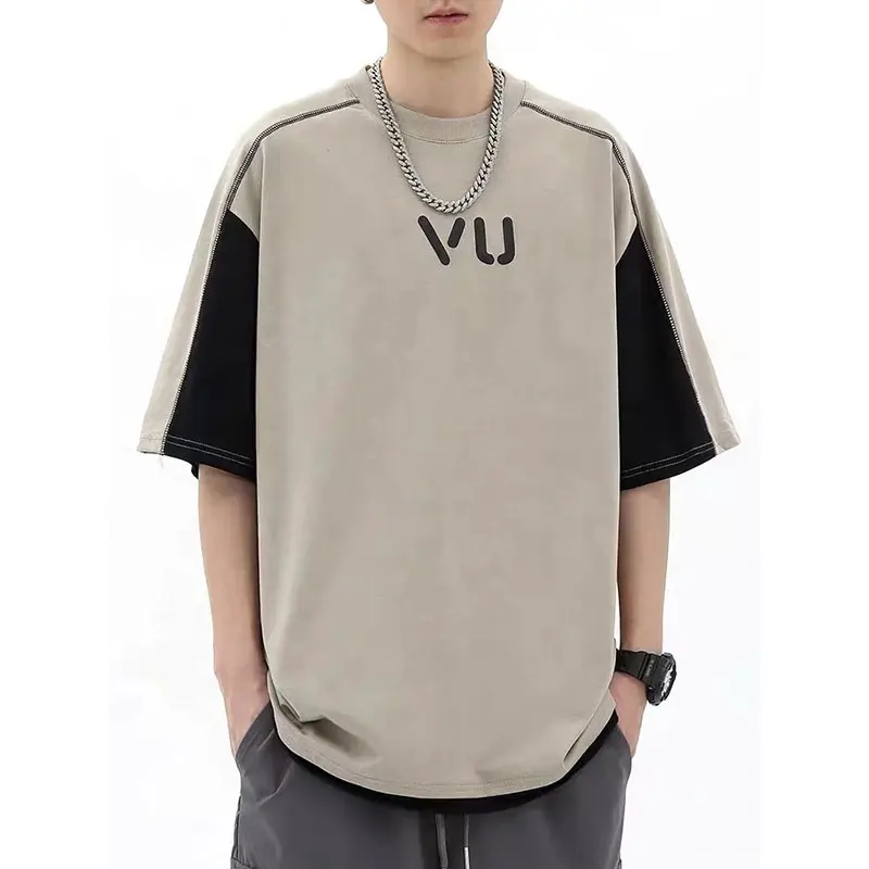 ユニセックス綿100半袖コントラストカラー3DパフプリントクールヒップホップストリートウェアTシャツ男性用