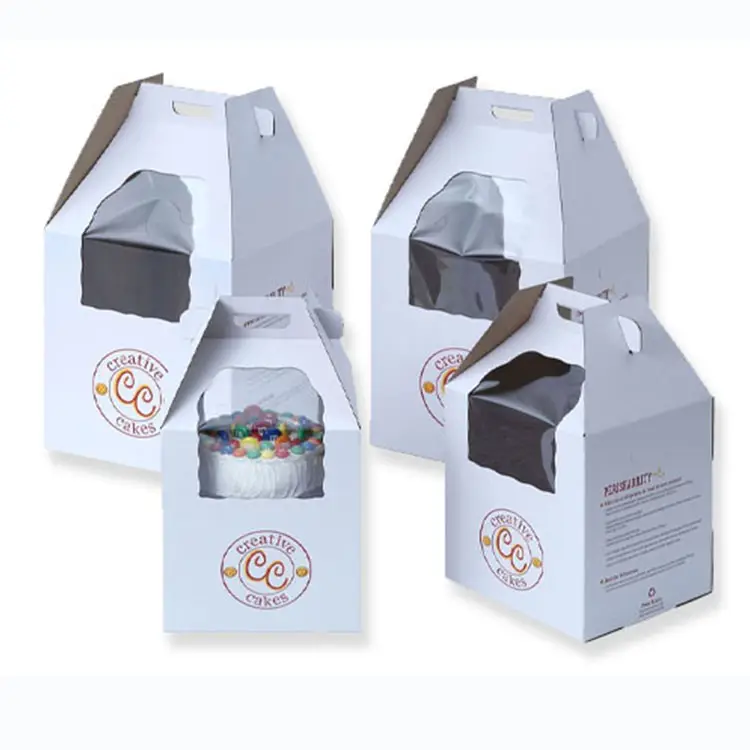 Padaria de papel dobrável impressa personalizada, embalagem para ir takeaway 10x10x4 caixas de bolo de aniversário com janela e alça
