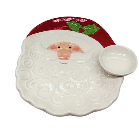 Plato de cerámica pintado a mano con cara de Papá Noel, bandeja de galletas, campana, sombrero