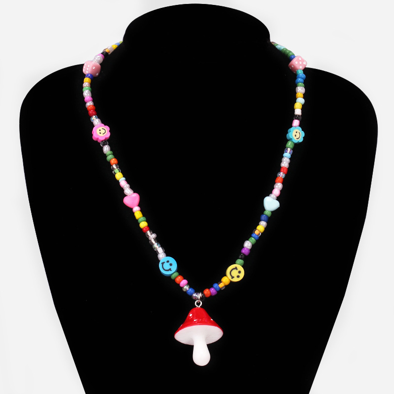 Red mushroom seed bead necklace