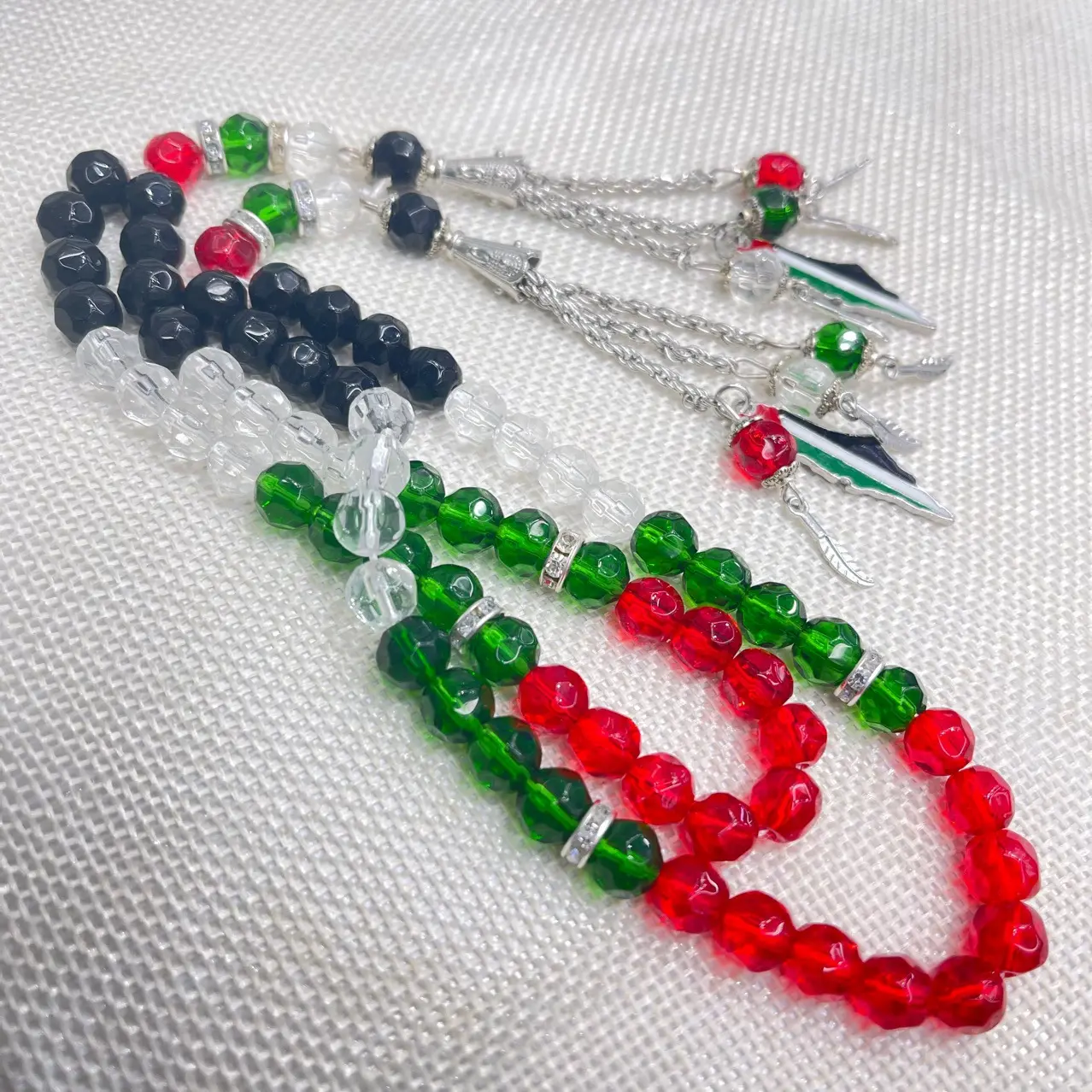 Islamic crystal rosary 33 Palestine flag red  green  white and black mixed wholesale