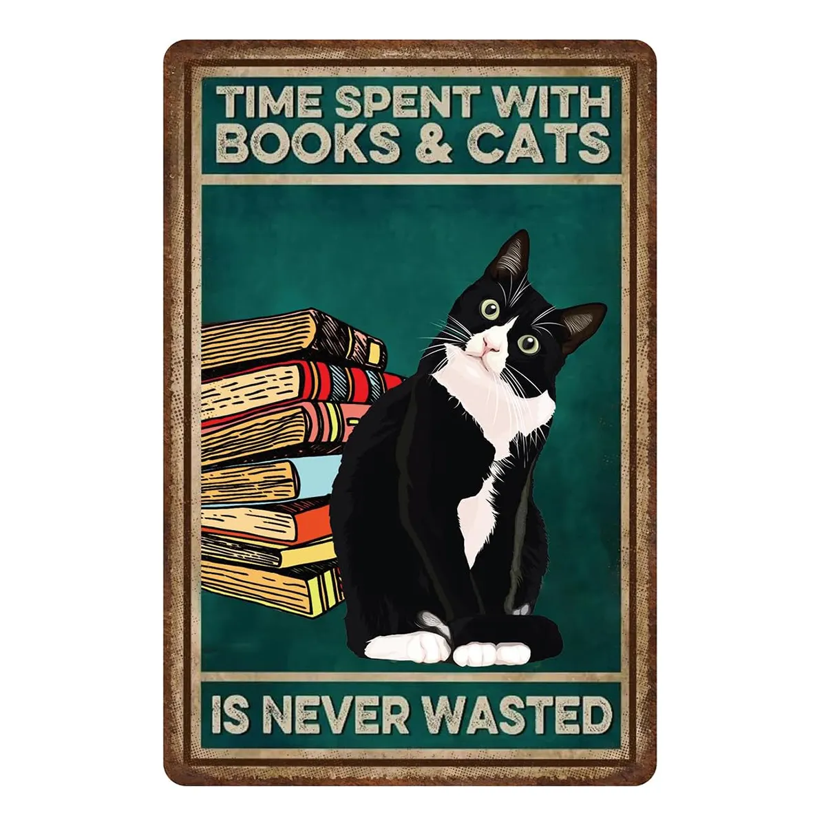 Cổ Điển Kim Loại Tin Dấu Hiệu Mèo Đen Thời Gian Dành Với Sách Mèo Không bao giờ Lãng Phí Trang Trí Tường Nhà Mèo Người Yêu Quà Tặng 8x12inch