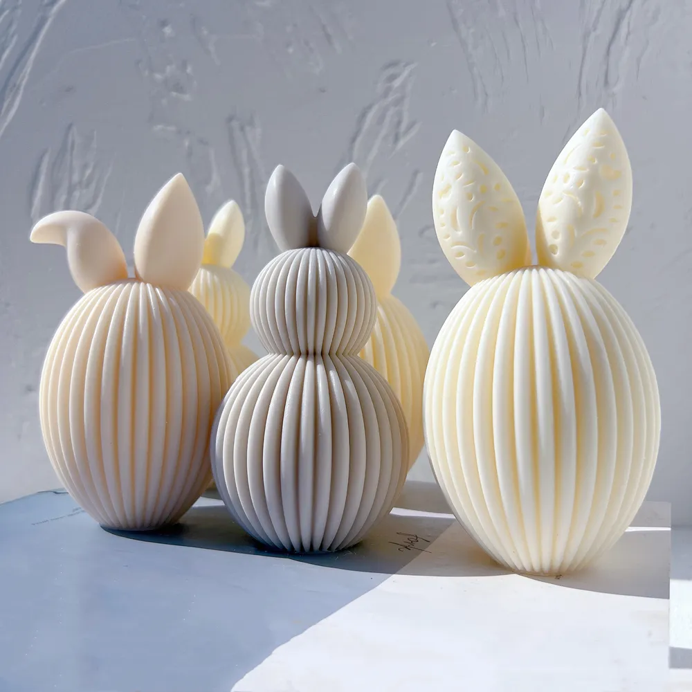 Cetakan lilin telinga kelinci telur bergaris cetakan silikon estetika cetakan lilin kedelai bergaris geometris untuk dekorasi Paskah