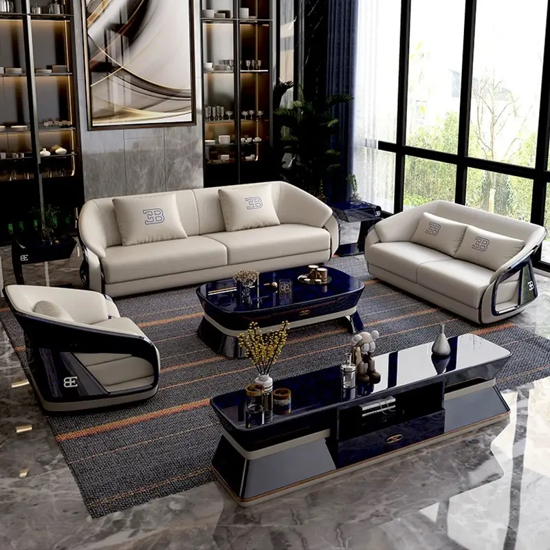 Set sofa furnitur modern kulit Italia, sofa set segmen mewah untuk ruang keluarga dan sofa mewah