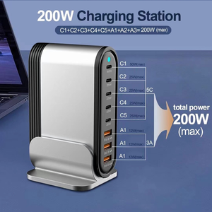 200W 5 USB C <strong>3</strong> USB a Desktop Charging Station WIth LED Light AU UK EU US Power Cord 8 Ports GaN PD Charger - Product Image 4