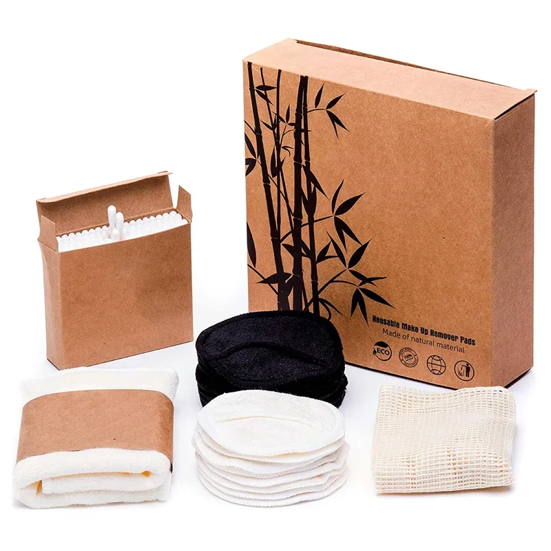 Tampons de coton réutilisables avec bandeau de Spa en velours et sac à linge 21 bambou papier Kraft coton boîte tampons de coton démaquillant