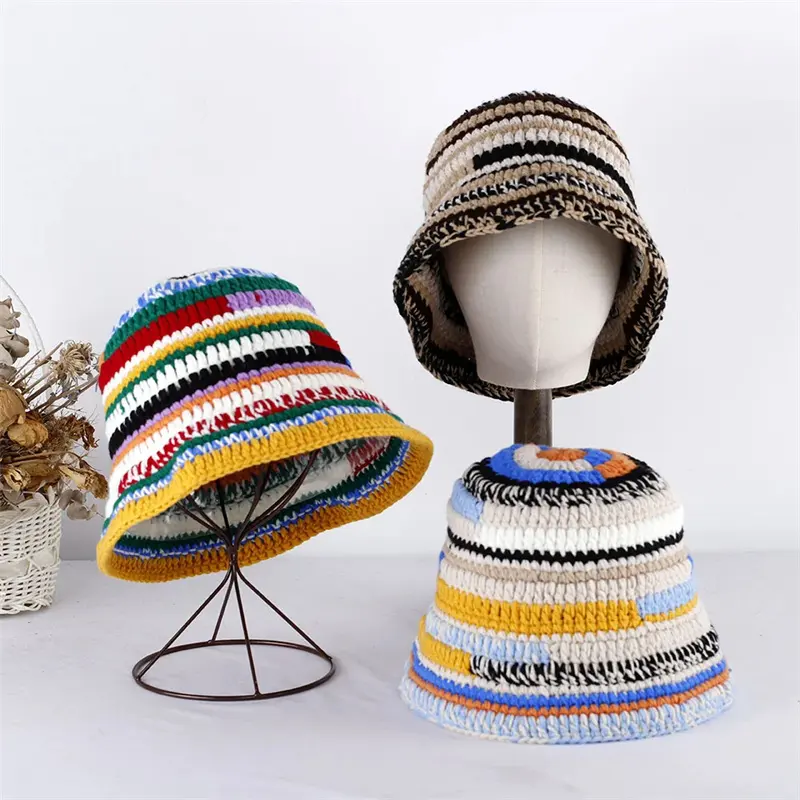 カスタム卸売色手作りストライプニットバケット帽子多用途かぎ針編み女性フィッシャーマンハット