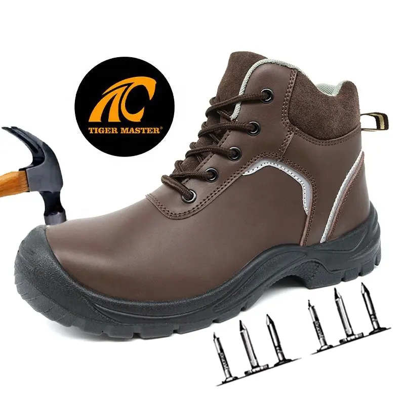 Résistance au glissement à l'huile en cuir lisse marron protection du travail prévenir la perforation chaussures de sécurité à bout en acier pour hommes pour l'industrie