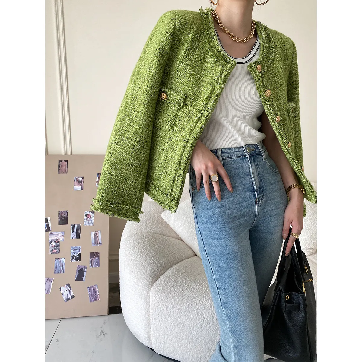Твидовый пиджак, жакет зеленого 2023, Лидер продаж, новая мода для женщин, молодых женщин, повседневный тканый элегантный вязаный однотонный узор