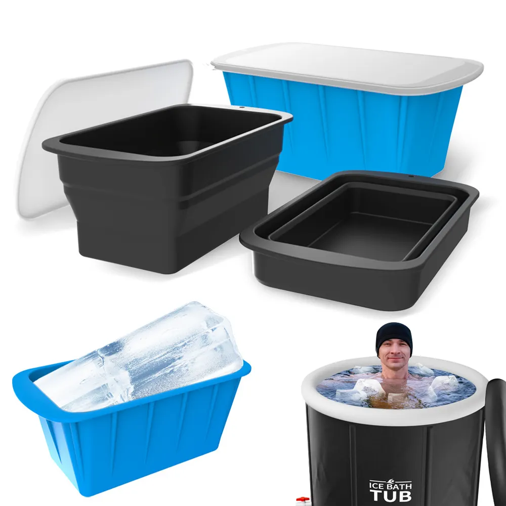 Molde de baño de hielo Retangular individual de 8lb con logotipo personalizado, molde de cubitos de hielo plegable Extra grande, molde de bloque de hielo grande de silicona sin Bpa con tapa