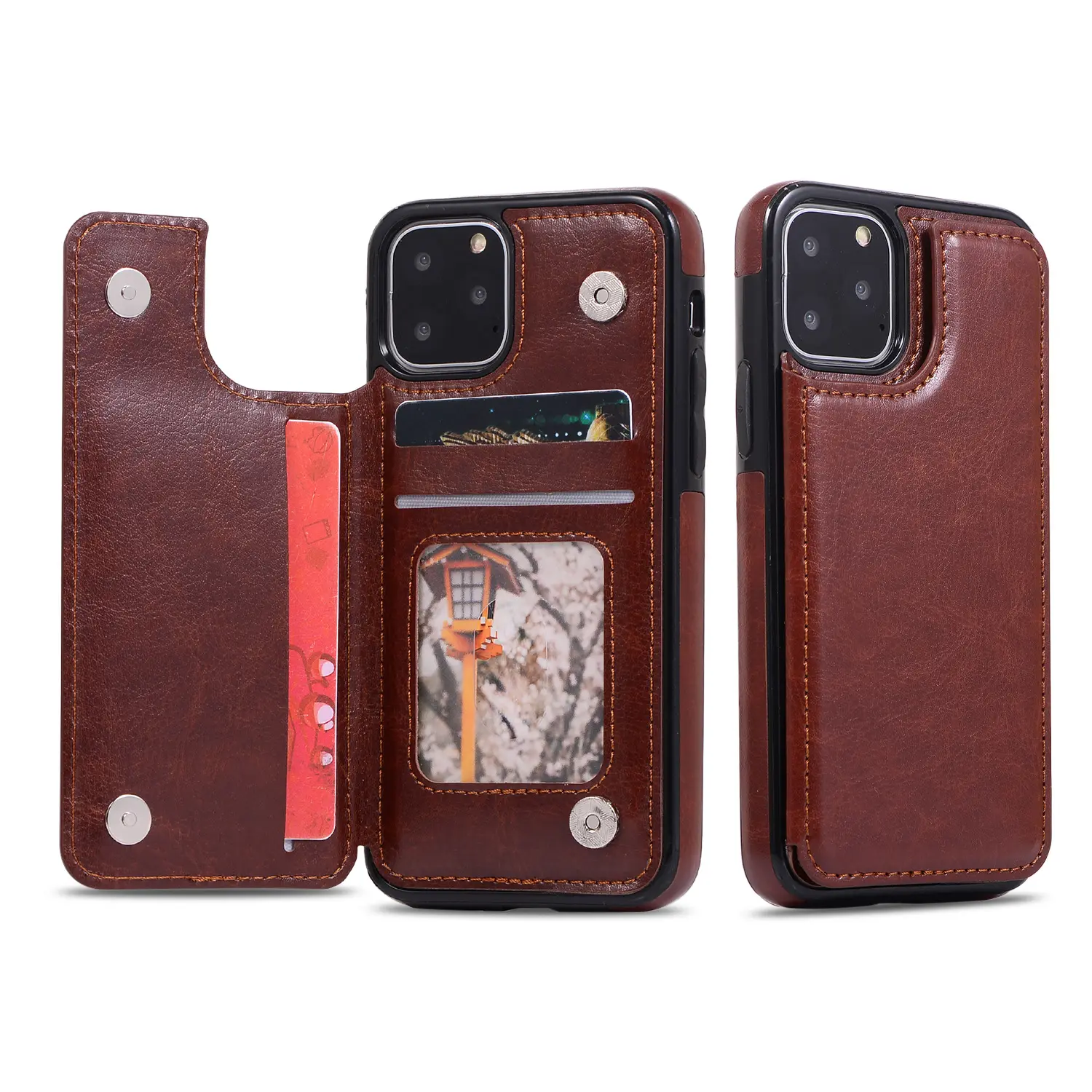 Stand Hard Back Wallet Card Slot Housse en cuir pour téléphone Iphone 15 Pro 14 13 12 11 6 7 8 Plus