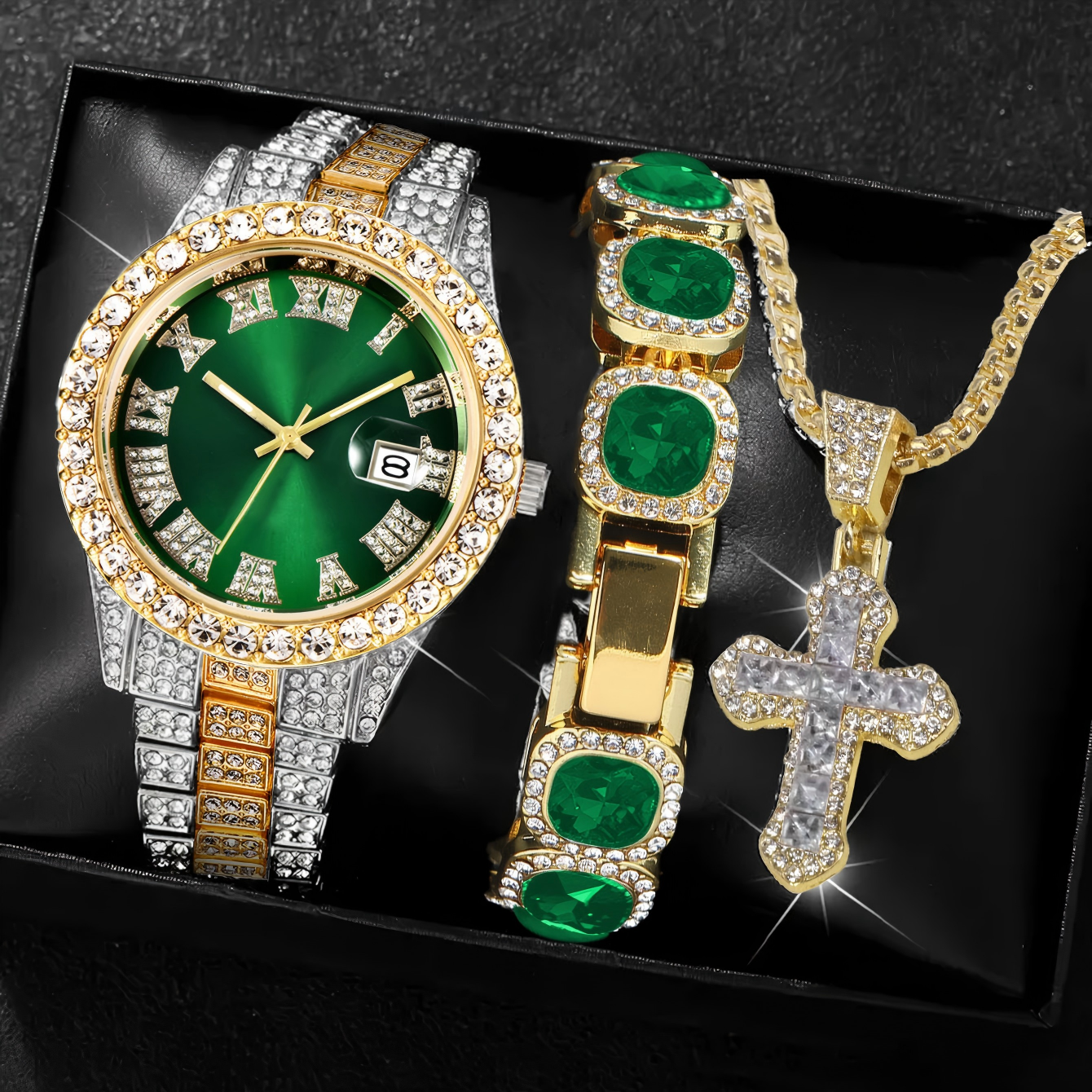 Silver gold green watch + gold green 2pcs ser