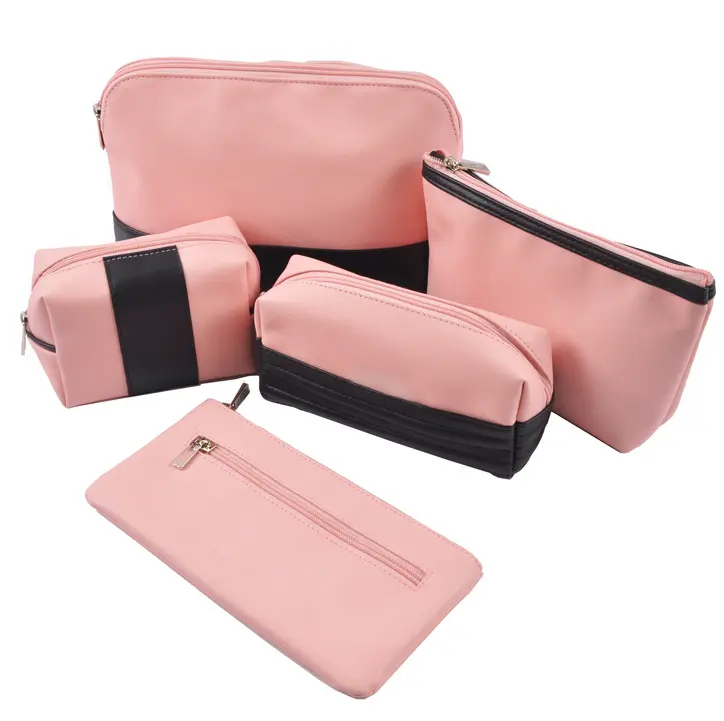 Trousse de maquillage de voyage en cuir rose pour femmes élégantes bon marché ensemble de 5 pièces pochette organisateur trousse de toilette sac cosmétique