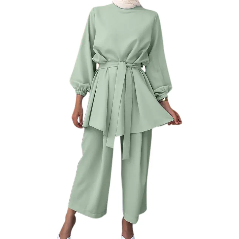 女性アラブスーツファッション長袖トップスワイドレッグパンツイスラムツーピースセット衣装女性ブラウス女性セット