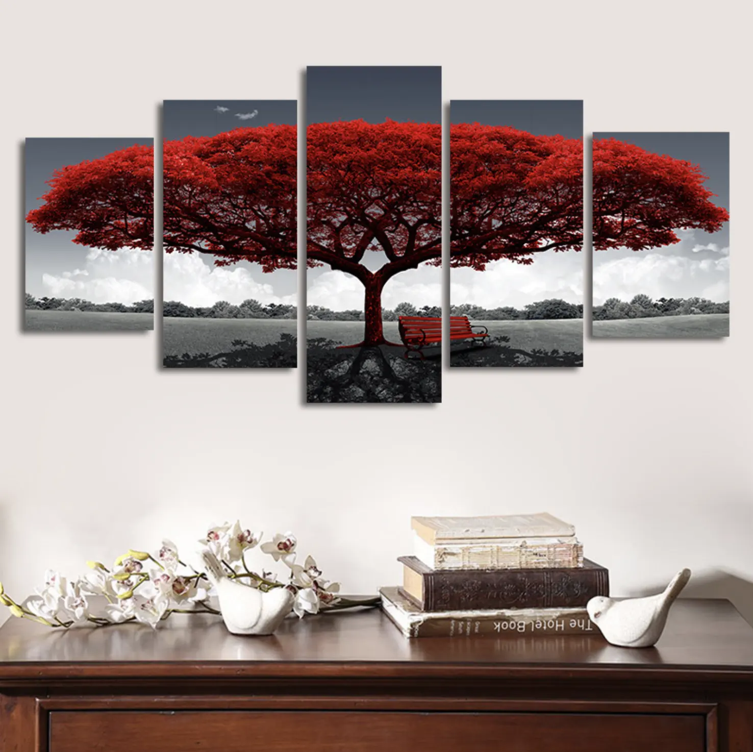 Multi-pannello Moderna Naturale Rosso Albero di Pittura su Tela di Canapa di Paesaggio di Arte Della Parete Immagine di Stampa