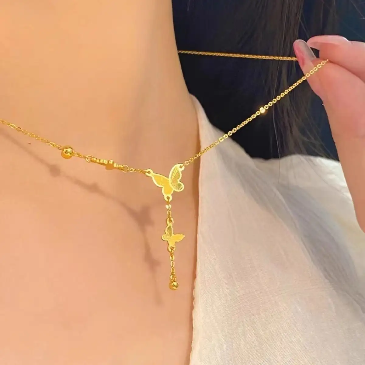 Fashion Butterfly Necklace Jewelry for Women Gold Plated stainless steel Long Tassel Necklace Pendant