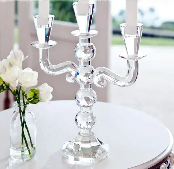 Suporte de vela de cristal MH-ZT0014 barato, candelabros de vidro transparente com 3 braços