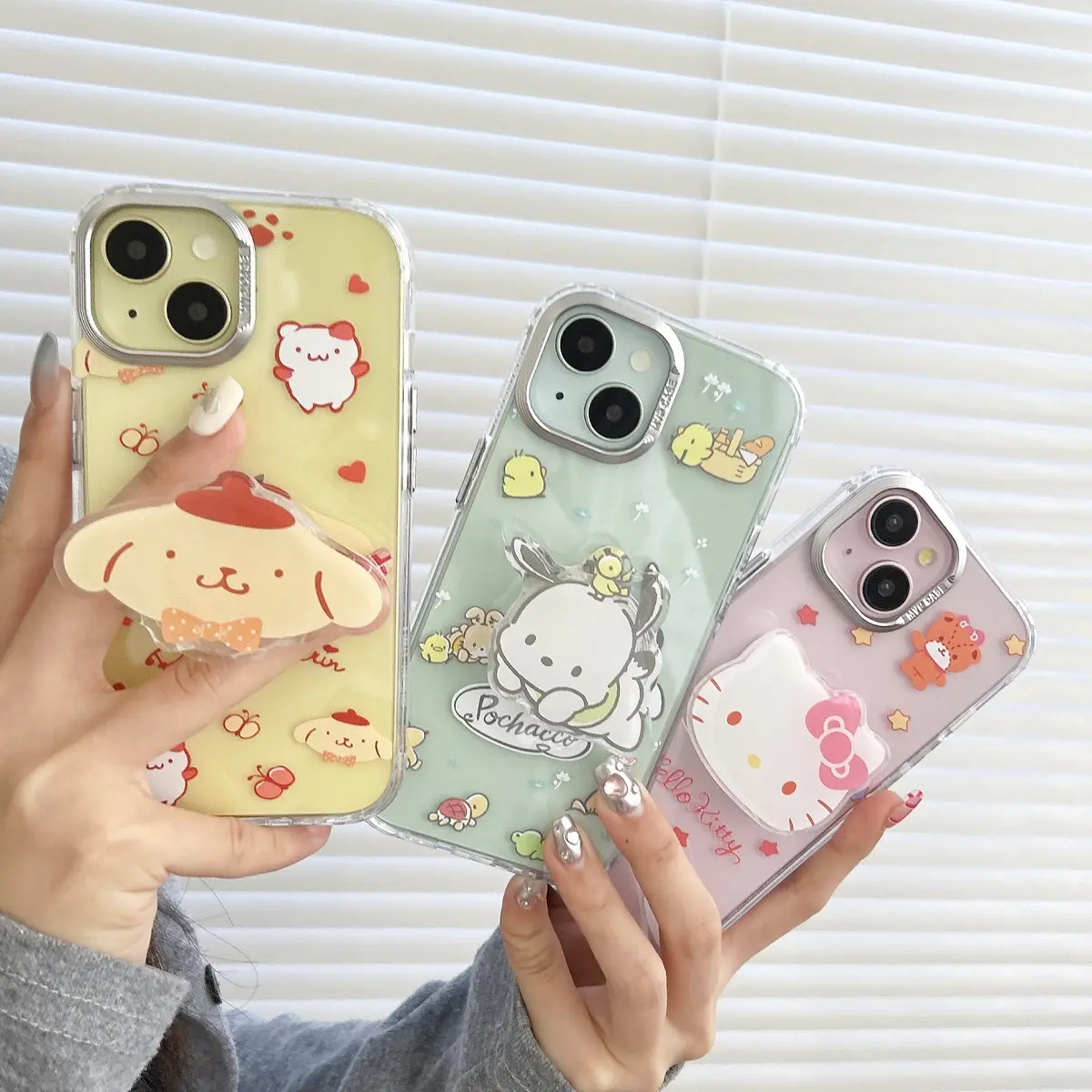 Bonito Sanrio Cartoon Stand Transparente Soft Edge Hard Phone Case para iphone 11 12 13 14 15 Pro Max Cell Cover