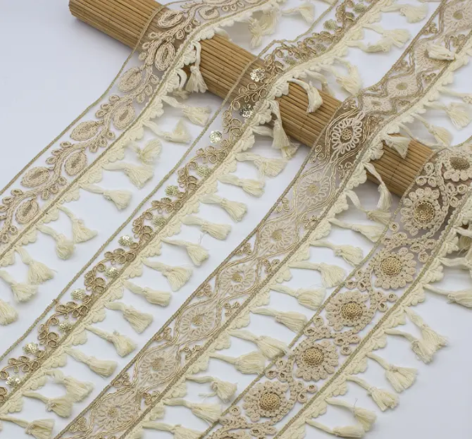 Style ethnique dentelle balai suspendu gland fil de coton dentelle vêtements accessoires faits à la main bricolage accessoires fabricants
